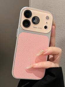 豪華電鍍邊框 AG 玻璃相機保護荔枝紋人造皮革手機殼，適用於 iPhone 18 Pro Max 17 ProMax 17Pro 17 16 15 14 13 Pro Max，防震軟背蓋 - 粉色 - 查看 4