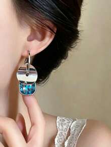 1 Pair French Elegant Square Sequin Blue Rhinestone Dangle Earrings, Minimalist Fashion High-End Design Korean Style Ear Hooks, Suitable For Women's Daily, Holiday, Commute Wear - Multicolor - View 4