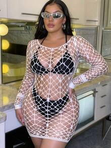 1pc Sexy Lingerie Dress, Long Sleeve Fishnet Hollow Out Elastic, Halloween - Black - View 4