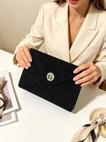 Black Envelope‑Style Suede‑Like Cosmetic Pouch Flip‑Cover Long Slim Clutch Makeup Bag With Round 3D Metal Logo Portable Storage Pouch For Glasses Jewelry Cosmetics Travel Holiday Gift Armani - Black - View 8