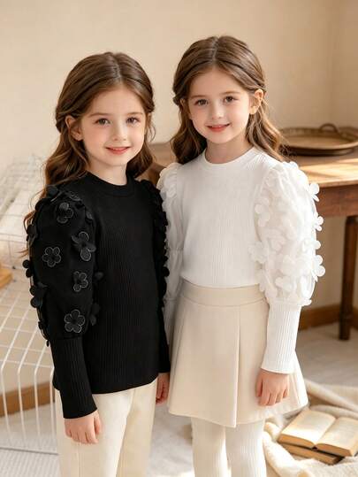 2pcs/Set Girls French Style Mesh Puff Sleeve Ribbed Knit Base Layer T-Shirt, Solid Color Ribbed Knit Body With White Mesh & Black Polka Dot Sheer Lantern Sleeves, Soft Slim Fit Cropped Design, Vintage Sweet Style, Suitable For Daily Wear, Afternoon Tea, Spring/Autumn/Winter Layering Or Outerwear, Black & White, Versatile And Practical