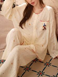 Gongdie 2pcs Disney Mickey Women's Pajama Set, White Cotton Soft Loungewear For Autumn, With Rainbow Trim And Pockets - Apricot - View 3