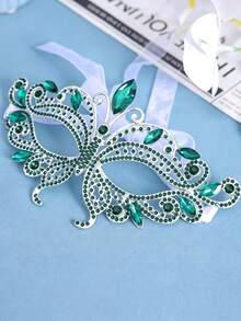 1pc Sexy Rhinestone Zinc Alloy Party Mask, Holiday Costume Accessory, Halloween Outfit Prop - Green - View 3