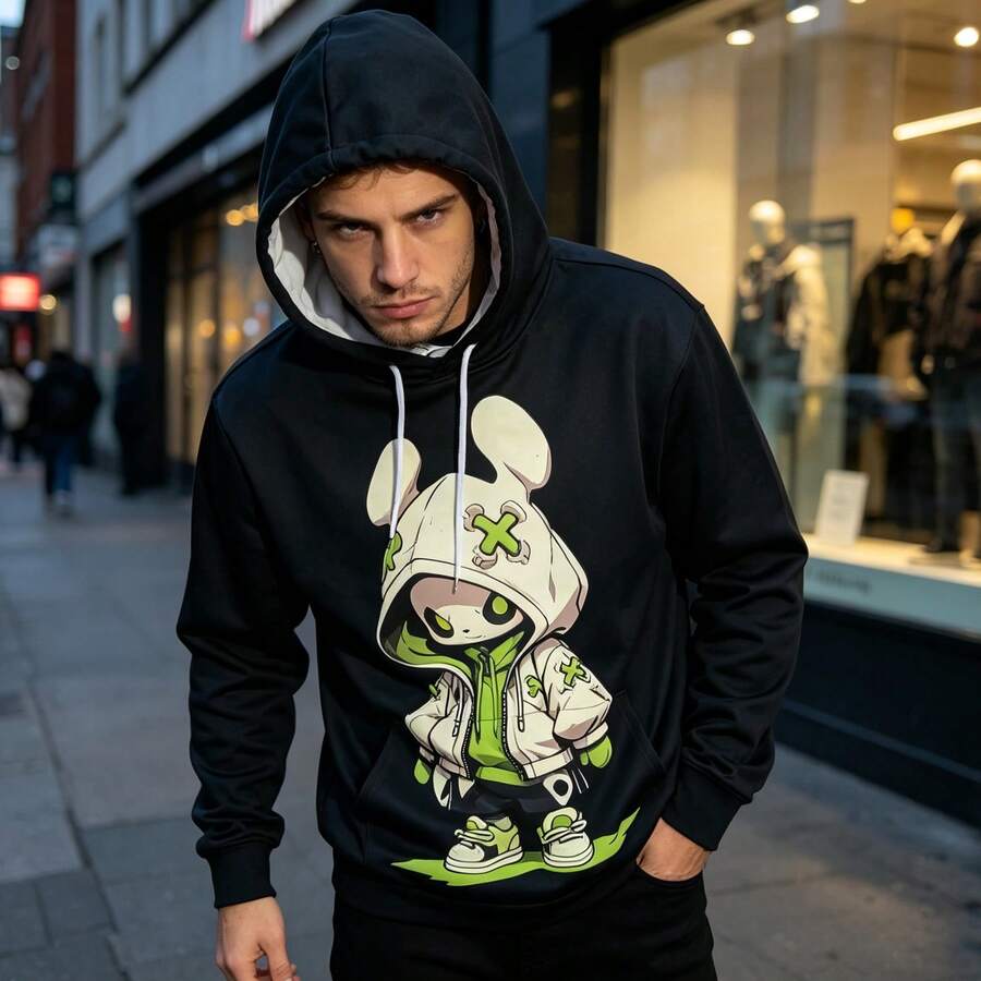 Cartoon Rabbit Large Print Hoodie, Anime-Inspired Cool Graphic, Black Base With Contrast Color, Pullover Hooded Design, Casual Streetwear, Daily Commute, Men's Fashion Outfit - Black - View 1
