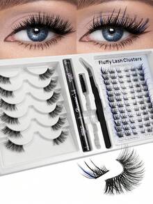 Hinarin 6 Pairs Clear Band Half Lashes And 72 Pcs Colored Cluster Lashes 2 Styles Mixed D Curl Eyelash Extensions Kit With Glue Tweezers Brush DIY Eyelash At Home Natural Wispy Lashes Extension With Makeup Tools - Black - View 2