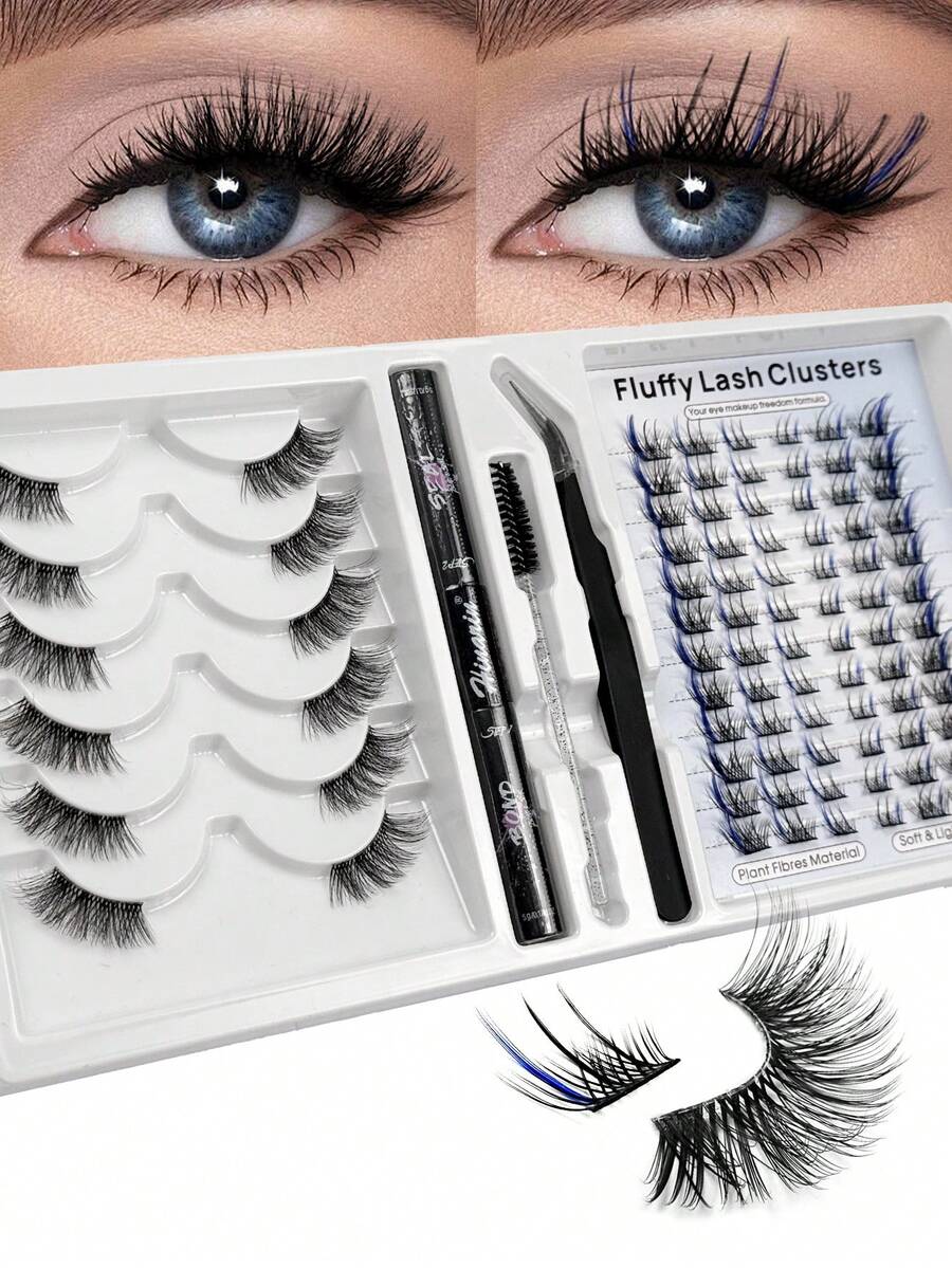 Hinarin 6 Pairs Clear Band Half Lashes And 72 Pcs Colored Cluster Lashes 2 Styles Mixed D Curl Eyelash Extensions Kit With Glue Tweezers Brush DIY Eyelash At Home Natural Wispy Lashes Extension With Makeup Tools