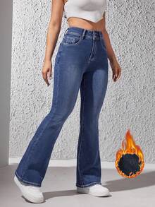 Women's Winter Casual Washed Flare Jeans, High Elasticity Long Length, Warm Lining, Suitable For Winter Wear - Teal Blue - View 3