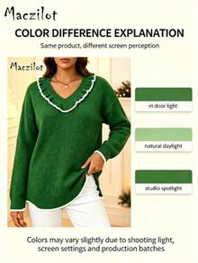 Plus Size Women's Autumn/Winter V-Neck Ruffle Collar Pullover Sweater, Contrast Trim Elegant Knit Top, Suitable For Commute And Date - Dark Green - View 9
