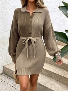 Plus Size Casual Fashion Colorblock Patchwork Button Belt Lapel Long Sleeve Knit Dress - Khaki - View 1