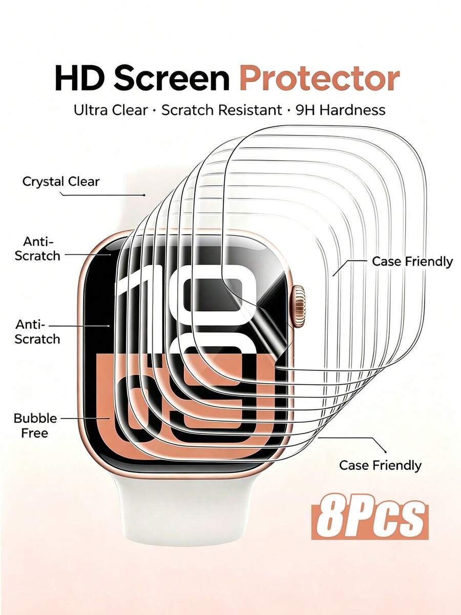 8pcs Transparent Hydrogel Film, Scratch-Resistant Soft Watch Screen Protector, Essential Watch Accessory, Compatible With Apple Watch 38/40/41/42/44/45/49/46mm, Watch Ultra/SE/8/7/6/5/4/3/2/1/11/10/12, Christmas Gift, Back To School Gift, Phone Accessory - Clear - View 1