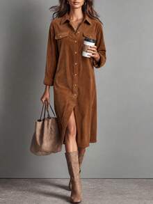 Women's Corduroy Straight Single-Breasted Casual Dress - Brown - View 1