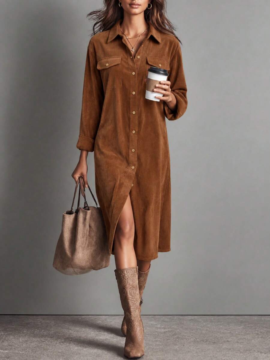 Women's Corduroy Straight Single-Breasted Casual Dress - Brown - View 1