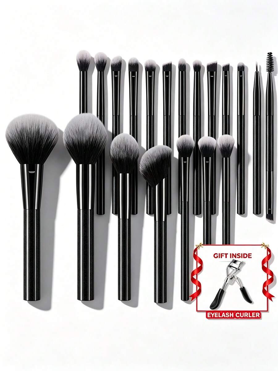 20pcs And 1pc Gift Makeup Brushes Set, Soft Dense Cosmetic Brushes For Foundation Powder Blush Eyeshadow Concealer Contour Highlight, Complete Face & Eye Makeup Brush Kit, Handles For Makeup Beginners And Daily & Party Makeup Application - Black - View 1