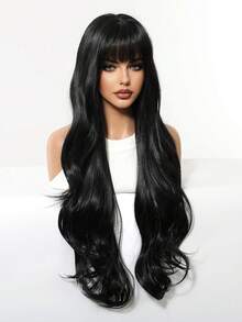 Topshe 30 Inch Shiny Solid Black Extra Long Wavy Wig, Flowy Inward Layered Ends & Full Flat Bangs, Anti-Frizz Smooth Synthetic Hair, Flexible Wearable Cap, Great For Hairstyle Upgrade, Role Play, Photo Shoot, Timeless Elegant Hair Wig - Piano Color - View 5