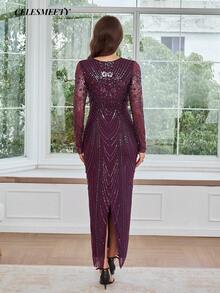 Elegant Purple Sequin Beaded Long Evening Gown, Soft Elastic Mesh Party Dress, Suitable For Christmas, Party, Wedding - Purple - View 3