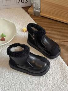 Vintage Patchwork Kids Thermal Lined Ankle Boots, Round Toe Side Zipper Thick Sole Anti-Slip Comfortable Baby Winter Boots - Black - View 2