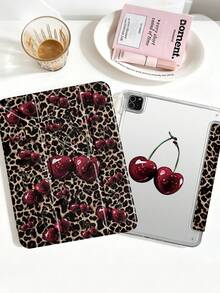 1pc Brown Leopard Print Red Cherry Tablet Case Compatible With IPad Mini6/Mini7/10.2/10.5/10.9 (Air4-Air8)/Pro 11/10th Gen/A16/Pro 11 2024, Double-Sided Painted Pattern Tablet Case With Transparent Acrylic Back Shell, Silk Texture 8-Fold Stand, Auto Sleep/Wake, Built-In Pen Slot, Pen Not Included, Some Models With Camera Frame - Multicolor - View 6