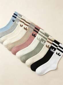 1/5/10/20 Pairs Women's Striped And Solid Color Mid-Calf Sports Socks, Couple Style, Breathable And Moisture-Wicking Casual Socks, Unisex, Suitable For Daily Wear, Sports Occasions And Campus Style, Random Color Assortment - Multicolor - View 2