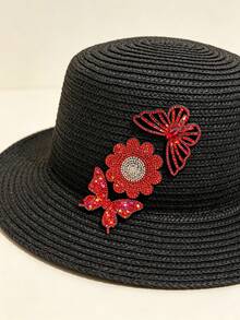 Set Of 3 Red Rhinestone Flower & Butterfly Fabric Patches, Hand-Sewn Shiny Crystal Appliques, DIY Decorative Accessories For Hats, Clothes, Dresses, Jeans - Red - View 7