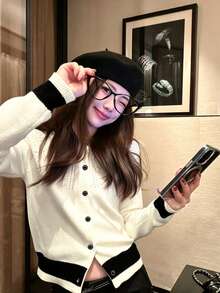 Design Hollow Knit Cardigan Black & White Color Block Elegant Short Sweater Jacket - White - View 3