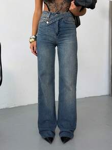 Women's High Waist Cross-Button Wide Leg Jeans - Blue - View 2