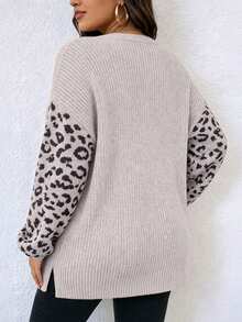 Women's Plus Size Leopard Print Cardigan, Long Sleeve Dropped Shoulder Knit Sweater, Suitable For Autumn - Grey - View 2