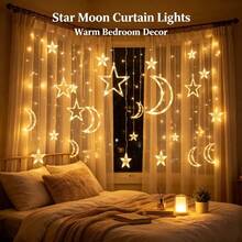 Solar Curtain Lights - Christmas Star And Moon Window Lights, Fairy Lights, 8 Modes - Christmas Decorations, Indoor Windows, Bedrooms, Parties, Weddings, Plug-In LED Curtain Lights, Holiday Decorations - Solar Powered Star and Moon Curtain Lights - View 3