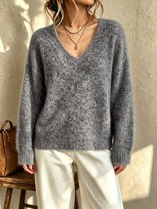 Women's V-Neck Ribbed Long Sleeve Soft Comfortable Loose Casual Fashion Versatile Knit Pullover, Suitable For Urban Commute And Daily Wear - Grey - View 2