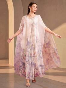 Women's Round Neck Random Flower Print, Beaded Collar Elegant Arab Style Abaya Vacation Spring Fall - Apricot - View 1