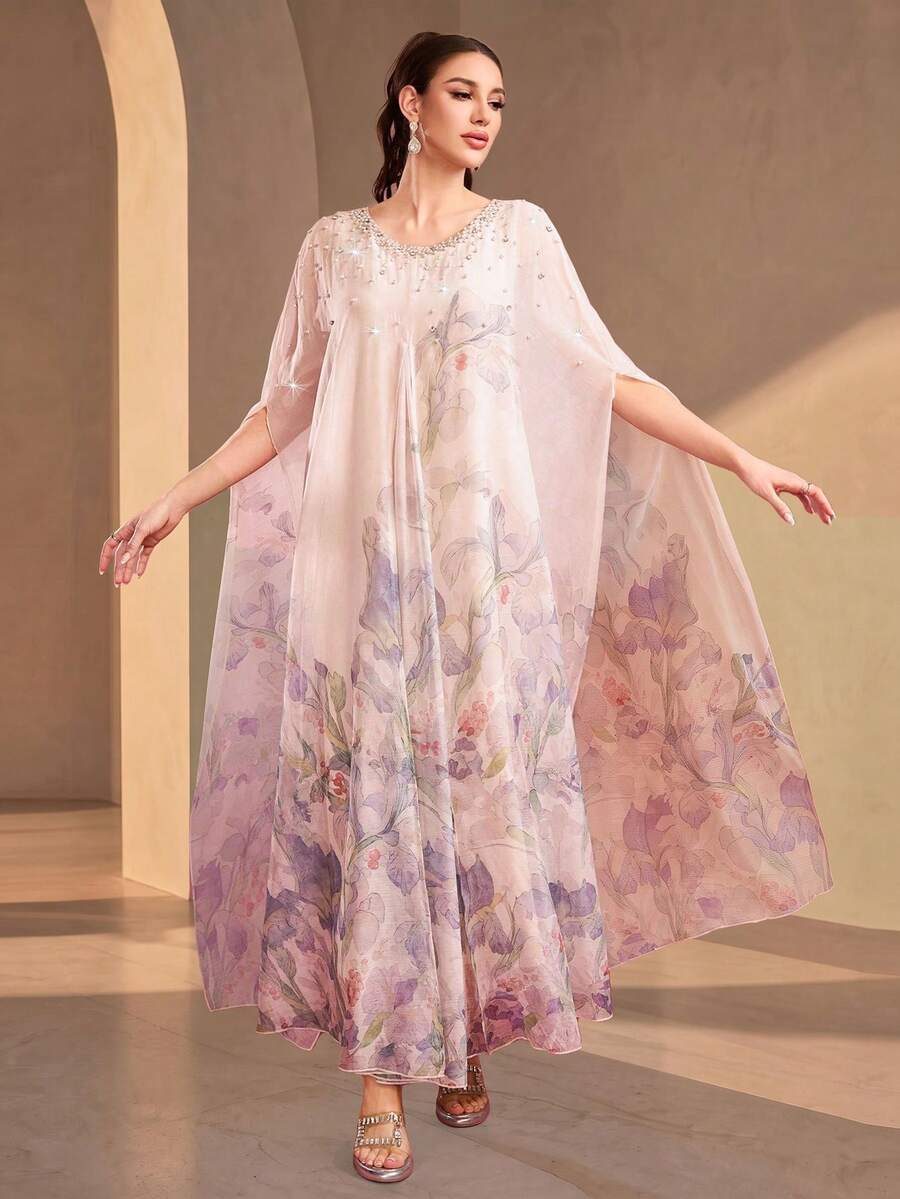 Women's Round Neck Random Flower Print, Beaded Collar Elegant Arab Style Abaya Vacation Spring Fall - Apricot - View 1