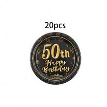 10/20/40/50/60/80 Pcs,50 Years Old Birthday Party Disposable Tableware Set,Black Gold Firework Gift Balloon Print 7 Inch & 9 InchPaper Plates Cup Napkins,Party Table Decor For 50 Years Old Milestone Celebration,Adult Birthday Banquet - Black 50 - View 10