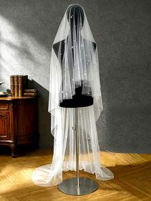 1pc Faux Pearl Bridal Veil With Hair Comb, Short And Long Train Styles Available, Suitable For Church Wedding And Bachelorette Party - White - View 7