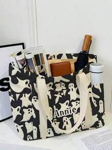 1pc Custom Text Halloween Theme Print Large Capacity Corduroy Tote Bag,Front Snap,Multi Pockets Wide Shoulder Strap,For School Travel Party Daily Gift - Black - View 16