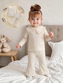 2pcs Baby Girl Cute Mori Style Peter Pan Collar Long Sleeve Printed Top & Pants Set, Thin Spring/Autumn - Apricot - View 1