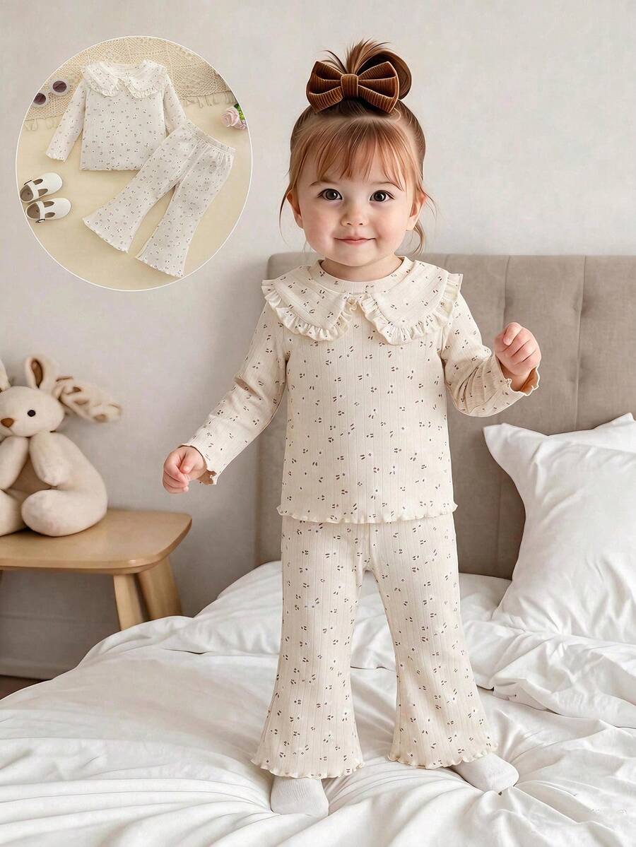2pcs Baby Girl Cute Mori Style Peter Pan Collar Long Sleeve Printed Top & Pants Set, Thin Spring/Autumn - Apricot - View 1