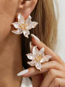 Juego de 3 piezas/Set Nuevos Pendientes & Anillo de Flor de Iris 3D, Accesorios Florales Elegantes & Sofisticados Versátiles para Mujeres, Adecuado para Banquete, Boda, Fiesta, Regalo de Vacaciones para la Mejor Amiga - conjunto de joyas - Ver 5