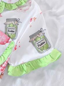 2pcs/Set Christmas Children's Short Sleeve Pajama Set, Flame Retardant Fabric, Cartoon Santa Claus Print Pattern, Green Ruffle Trim Design On Cuffs, Hem And Pockets, Lapel Short Sleeve Cardigan And Long Pants Set, Suitable For All Seasons, Home Wear, Comfortable And Loose, Girls Middle And Big Tween Girl - White - View 7