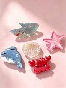 5pcs/Set Ocean Animal Hair Clips, Cute Shark Dolphin Starfish Shell Crab Design Acrylic Hair Clips - Multicolor - View 5