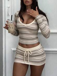 Women's Striped Two Pieces Set, Long Sleeve Cropped Top + Drawstring Mini Skirt Casual Matching Outfit - Multicolor - View 1