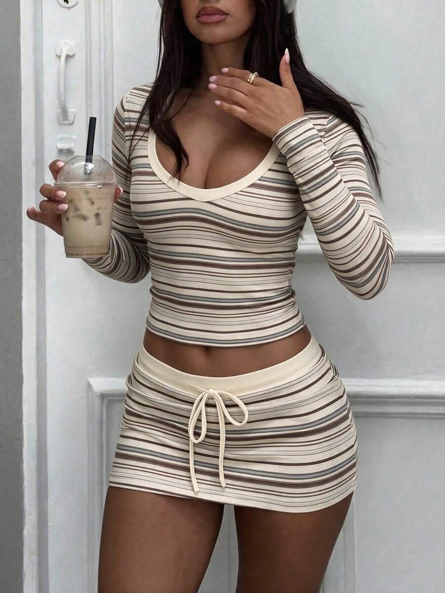Women's Striped Two Pieces Set, Long Sleeve Cropped Top + Drawstring Mini Skirt Casual Matching Outfit - Multicolor - View 1