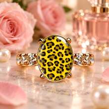 Women's Yellow Leopard Print Oval Statement Ring, Gold Tone Transparent Rhinestone Decor Fashion Ring, Eye-Catching Animal Print Cocktail Jewelry, Suitable For Party, Daily Wear And Gifting - Multicolor - View 5