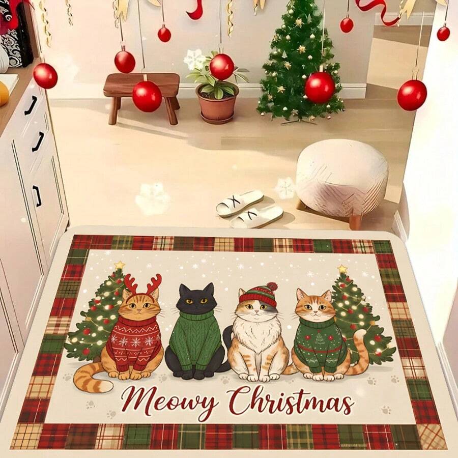 1pc Meowy Christmas Welcome Mat, Crystal Velvet Material, Four Cute Christmas Decorated Cats With Christmas Tree Ball Design, Suitable For Holiday Decoration, Home Decor - A - View 1