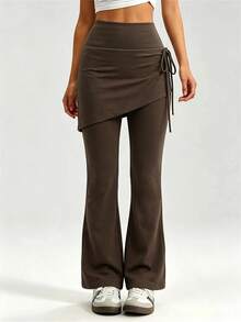 Women's High Waist Flare Leg Yoga Pants, Side Drawstring Tummy Control & Butt Lift, Fitness Training Workout Pants, Basic Casual Style - Camel - View 2