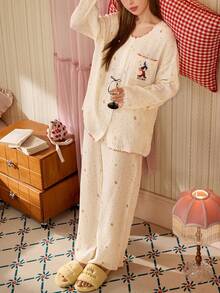 Gongdie 2pcs Disney Mickey Women's Pajama Set, White Cotton Soft Loungewear For Autumn, With Rainbow Trim And Pockets - Apricot - View 6