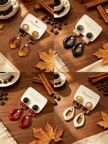 2pcs Bohemian Colorful Resin Round Water Drop Rhinestone Pendant Earrings, Casual Daily Outfit Accessory Gift - Water Drop - View 6