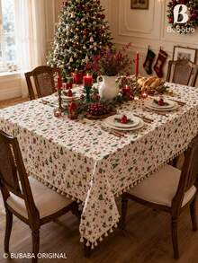 Christmas Printed Tablecloth With Tassel Fringe, Beige Holiday Table Cover With Christmas Tree, Reindeer & Gift Pattern, Festive Dining Table Decor For Xmas Party, Kitchen & Home - Beige - View 10