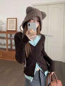 Autumn New Style 2 In 1 Contrast Color Long Sleeve T-Shirt Women's Slimming Waist Knit Top, Versatile Outerwear, Tops, Autumn, Halloween - Brown - View 4