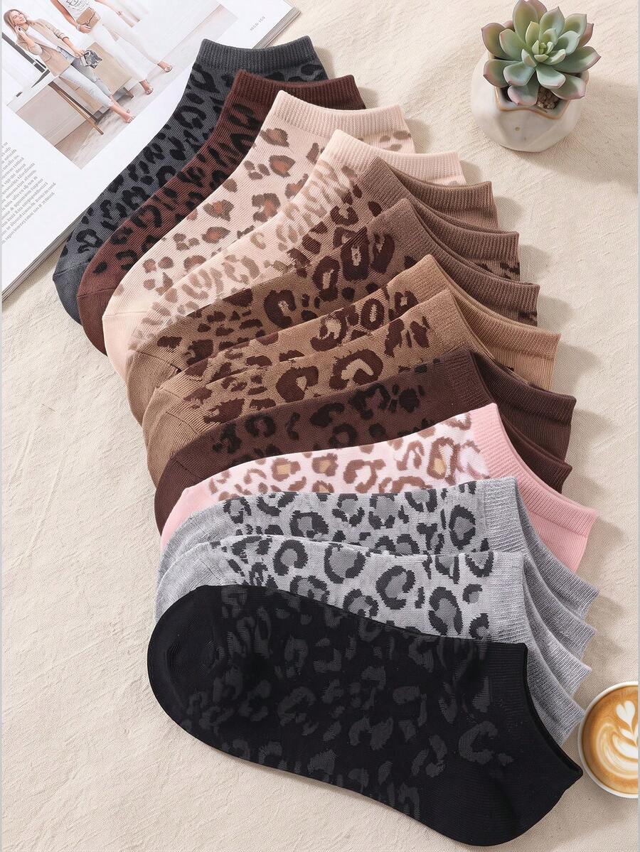 10/20 Pairs Random Women's Cute Leopard Ankle Socks, Casual Daily Fall Winter Socks For Halloween, Boots, Travel And Holiday Gifts - Multicolor - View 1