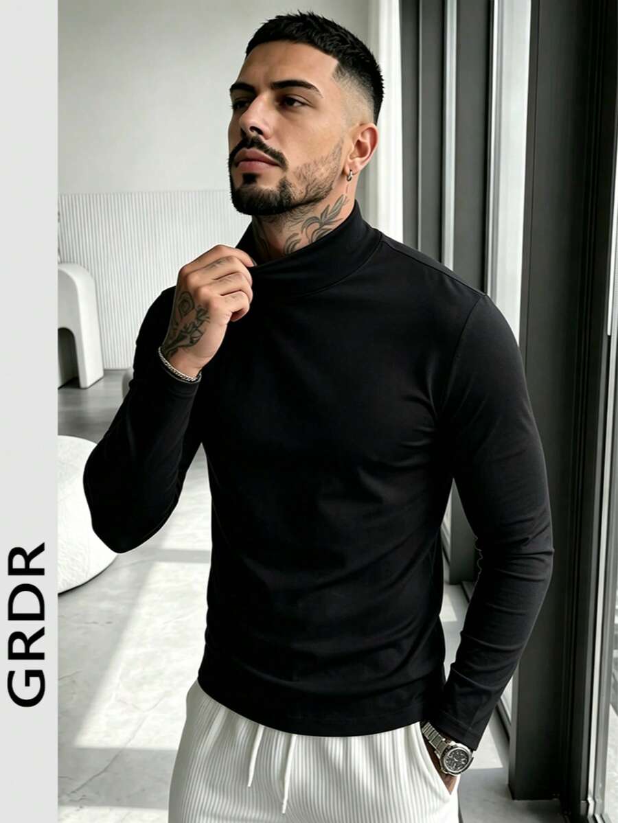 Men's Spring/Autumn Half-Turtleneck Long Sleeve T-Shirt, Suitable For Outdoor Casual Wear - Black - View 1