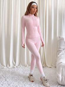 Stand Collar Zip-Up Sports Jacket With Thumb Holes, Paired With High-Waist Shaping Leggings, Effectively Tummy Control And Butt Lift, Lengthening Leg Lines | Slim Fit, Suitable For Outdoor Commuting, Exquisite Commuting Set, Women's Autumn/Winter Two Pieces Set - Pink - View 3